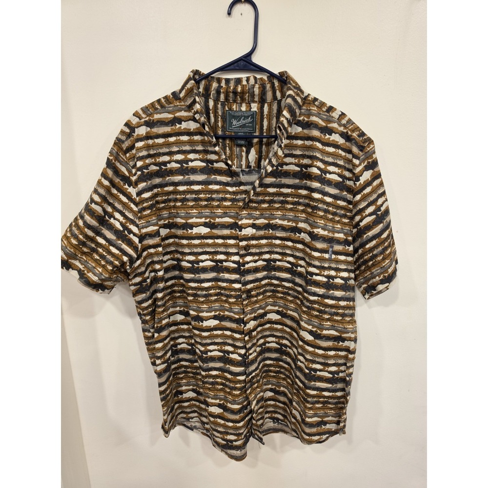 Woolrich Men's‎ XL Fish Print Button Up Shirt Brown Outdoor Fishing Cotton Camp